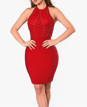 Hybrid & Company Sz M Red Sexy Bodycon Strappy Knee Length Midi Bandage Dress thumbnail 1
