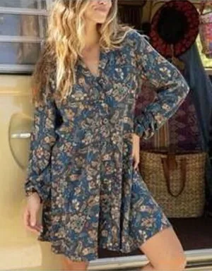 Natural Life Blue Floral‎ Paisley Button Front Mini Dress XL Long Sleeve Boho thumbnail 1