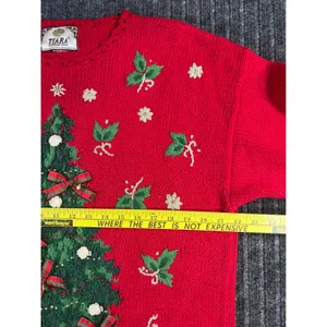 Vintage 90s Christmas Sweater TIARA Women L Red Tree Embroidered‎ Embellished thumbnail 4