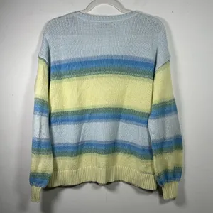 Loft Womens Blue Yellow Striped V-Neck Shaker Knit‎ Cotton Blend Sweater Medium thumbnail 2