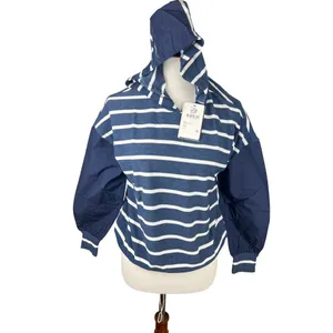 NWT Chaser Navy‎ Stripe Mixed Media Hooded Sweatshirt Small thumbnail 2