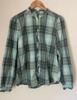 LOFT Plaid Preppy Button Front Ruffle Detail Shirt in Teal Navy Yellow Green M thumbnail 1