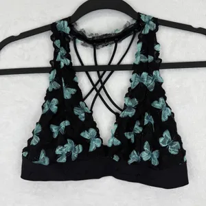 PINK Victoria's‎ Secret Black Teal Butterfly Lace Strappy Back Bralette Small thumbnail 1