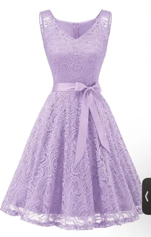 Sleeveless Lace Midi Dress with Satin Waist Tie - Lilac thumbnail 1