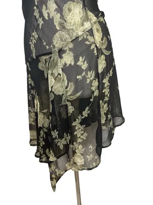 Whimsical Sheer Beaded Black Floral Cowl Neck Asymmetrical Slip Dress thumbnail 5