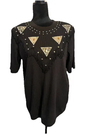 Vtg Western Black Tee Shirt Fringe Studs Conchos Western Cowgirl Women’s Medium thumbnail 1