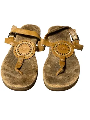 UGG Ayden II Brown Leather Medallion Cork Thong Slingback Sandals Size 8 thumbnail 2