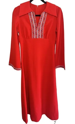 VTG 70s Handmade Red Maxi Dress Boho Embroidered‎ Disco Collar Bell Sleeve Small thumbnail 1