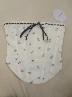 Loucia White Blue Floral Pointelle Corset Tube Top Lace Trim Size S NWT thumbnail 2
