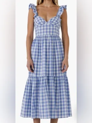 English Factory Sweetheart Neck Ruffle Gingham Midi Dress Blue White Size Medium thumbnail 3