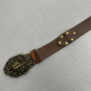 CAbi Belt Womens Medium Brown Leather Ornate Brass Filigree Buckle Studded Boho thumbnail 3