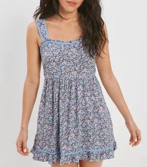🦅 American Eagle Outfitters Floral Tie-Back Babydoll Mini Dress-Blue thumbnail 1