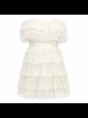 NWT BCBG MaxAzria Tulle Lace Strapless Ruffle Mini Dress Off White Bridal Size 6 thumbnail 5