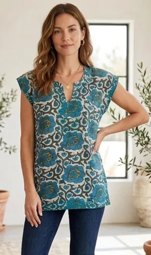 Anthro Roberta Roller Rabbit Oversized Embroidered Sleeveless Tunic Print Top XS thumbnail 1