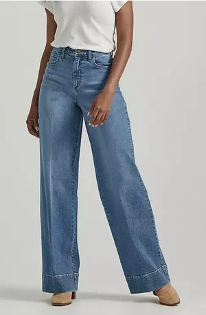 Lee High Rise Wide Leg Cuffed Jeans Women's Size 8‎ Long Light Wash Denim thumbnail 1