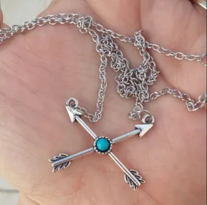 Crossed Arrows Turquoise Silver Boho Necklace thumbnail 6