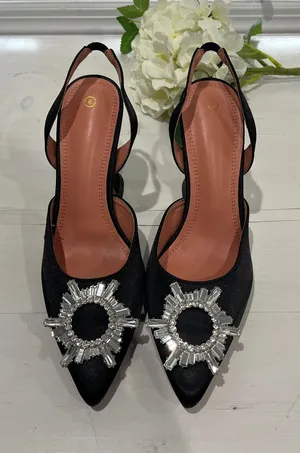 Black Satin Slingback Heels Crystal‎ Embellished Pumps Party Evening Occasion thumbnail 1
