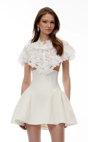 Mandana white lace mini dress with cape thumbnail 1