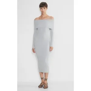 Wilfred Aritzia Gray Wool Blend Off The Shoulder‎ Italian Knit Midi Dress Size S thumbnail 3