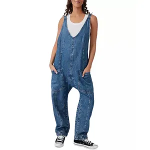 Free People We The Free Sapphire Blue Cotton High Roller Relaxed Denim Jumpsuit thumbnail 2