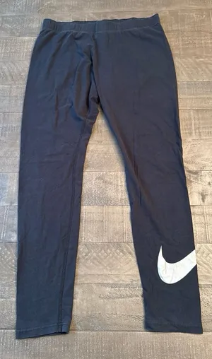 Nike Women's Black Silver Swoosh Logo Cotton Leggings Size Large thumbnail 1