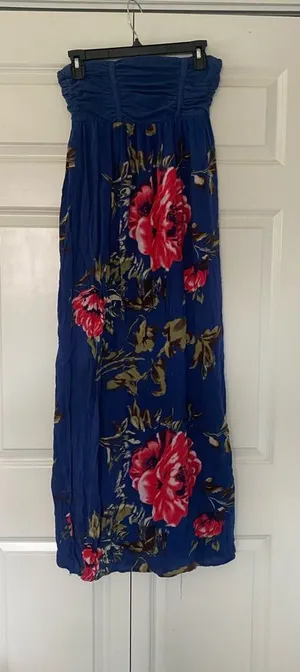 Women's Blue Floral Maxi Dress - Strapless Style thumbnail 1