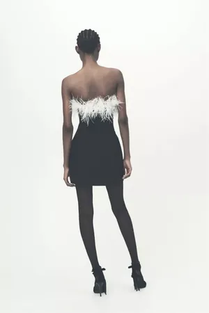 Zara dress mini bodycon Elegant Black and White Feather holiday party coctail thumbnail 14