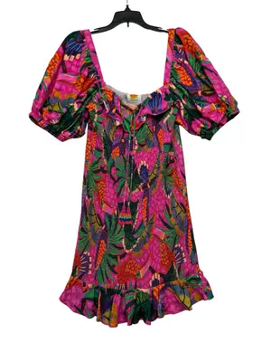 Farm Rio size large painted toucans Vibrant Tropical Puff-Sleeve Mini Dress thumbnail 2