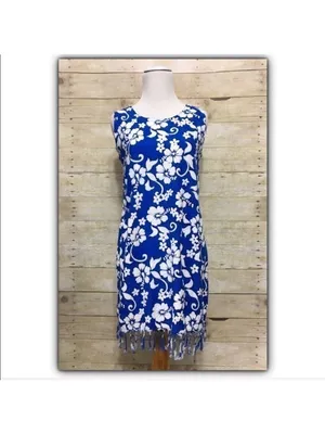 Tropical floral hibiscus print fringed rayon sleeveless dress size S thumbnail 2