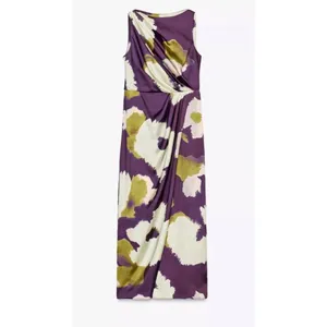 Zara Printed Satin Midi Dress Purple Olive Green Abstract Draped Waist Small thumbnail 2