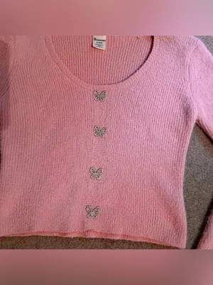 Pink Fuzzy Rhinestone Butterfly Button Long Sleeve Sweater thumbnail 7