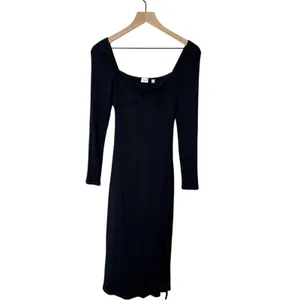 Aritzia Wilfred Black Palm‎ Dress Ling Sleeve Knit Midi Slit Twist Front Size M thumbnail 2