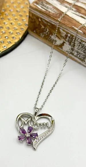 Mom Sterling Silver CZ Heart Necklace thumbnail 1