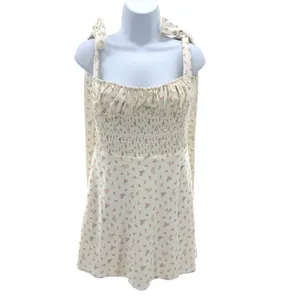 House of CB Gianna Cream Pink Floral Smocked Tie Shoulder Mini‎ Dress Milkmaid L thumbnail 2