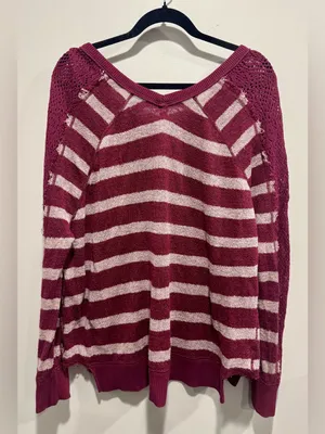 We The Free Free People Striped V-Neck Crochet Sleeve Sweater Top Large thumbnail 4