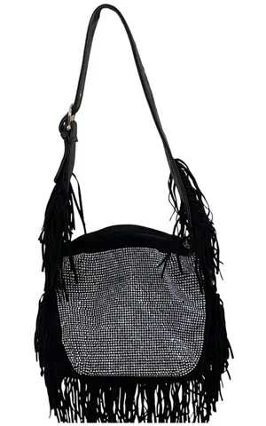 Faux Suede Fringe Rhinestone black Shoulder Bag boho tassels purse tote‎ thumbnail 1