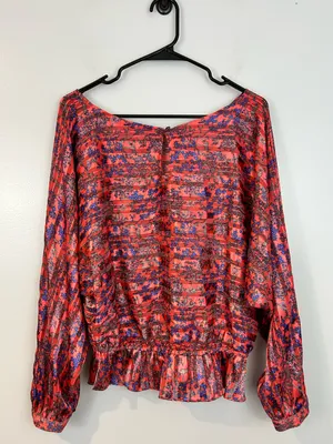 Free People Pink/Blue Metallic Smocked Floral Dolman Sleeve Peplum Top Large thumbnail 9