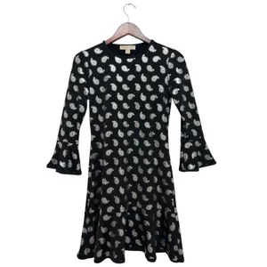 MICHAEL KORS Black/Silver Foil Paisley Flounce Shift Dress Bell Sleeves Size S thumbnail 9