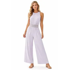 Kori America Lavender Purple‎ Smocked Waist Wide Leg Sleeveless Jumpsuit Small thumbnail 4