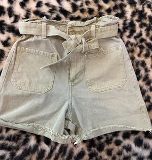Zara Olive High-Waist Paperbag Shorts with Tie Belt thumbnail 1