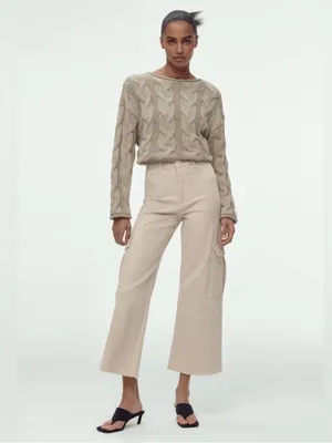 ZARA High Waisted Marine Cargo Jeans Raw Hem Khaki Beige Wide Leg Retro‎ Size 14 thumbnail 5