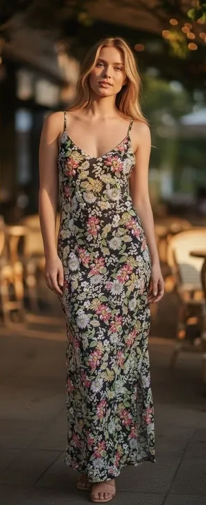 No Comment Women Maxi Dress M Black Floral Mesh Spaghetti Strap Boho Cinched Hem thumbnail 1