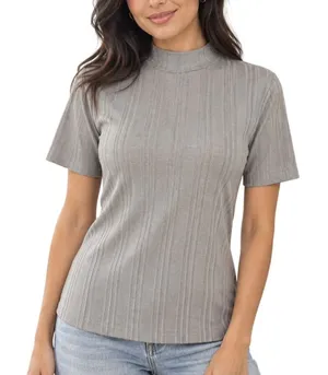 Forever 21 Womens Large Gray Ribbed Mock Neck Short Sleeve Fitted Top thumbnail 1