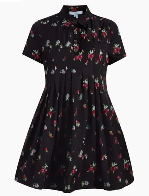 Hill House The Rosalind Dress Black Ikat Floral Taffeta Pintuck Pleated‎ Small thumbnail 1