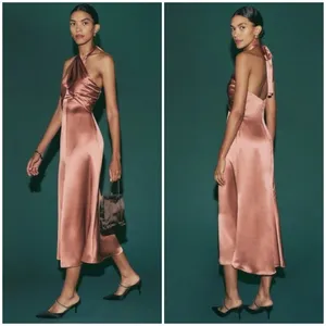 Reformation Maddison Silk Dress Praline Pink Brown Halter Midi Womens 12 NEW thumbnail 11