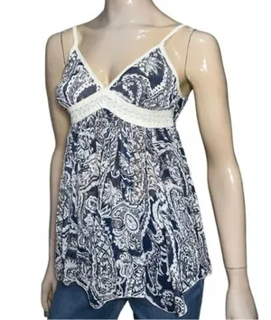 E-KLAH Women’s S Blue White Printed Babydoll Spaghetti Strap Camisole Tank Top thumbnail 2
