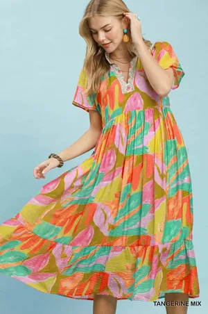 Umgee Abstract Tropical Print Tiered Midi Dress - Tangerine Mix - Small thumbnail 1