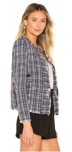 IRO Paris Multi Color Tweed Fringe Collarless Zip Pocket Jacket Blue Pink 36 4 thumbnail 1