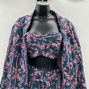 Free People Poolside Navy Blue & Pink Floral 3 Piece Set Sz‎ L thumbnail 5