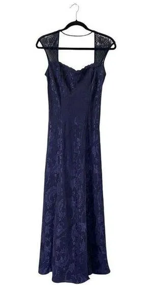Vintage Gold Label Victoria’s Secret Navy Jacquard Satin Maxi Dress Goth Fairy M thumbnail 1